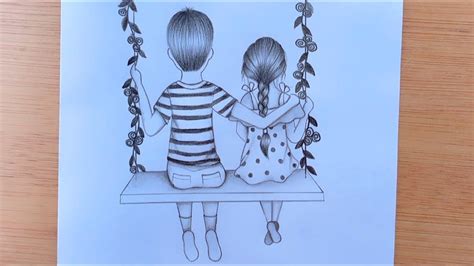 How to draw brother sister are swinging on the swing pencildrawing ...