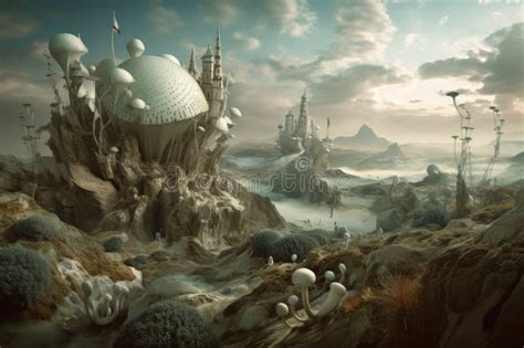 Surrealist Landscape, with Bizarre and Otherworldly Lifeforms Roaming Stock Illustration ...