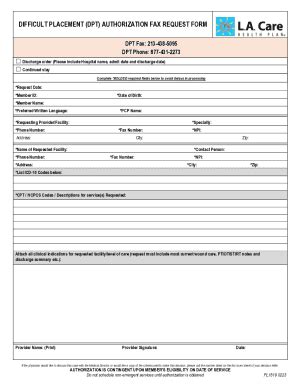 Fillable Online Difficult Placement DPT Authorization FAX Request