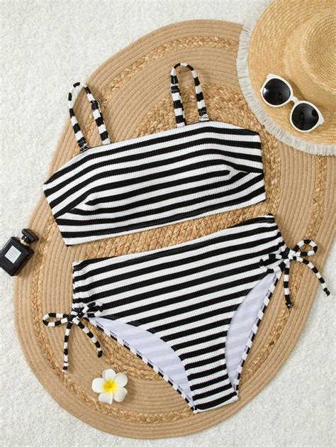 SHEIN Swim Curve Plus Size Women Summer Beach Striped Bikini Swimsuit For Sale Australia New