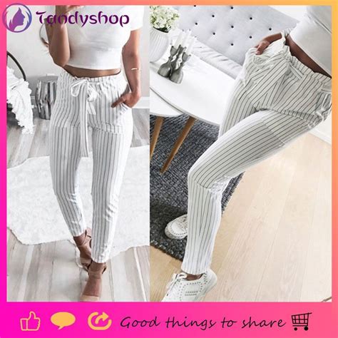 Women Striped High Waist Harem Pants Bowtie Elastic Waist Shopee Malaysia