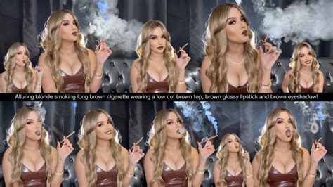 Alluring Blonde Smoking Long Brown Cigarette Wearing A Low Cut Brown Top Brown Glossy Lipstick