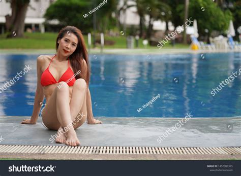 Beautiful Sexy Woman Red Bikini Portrait Stock Photo