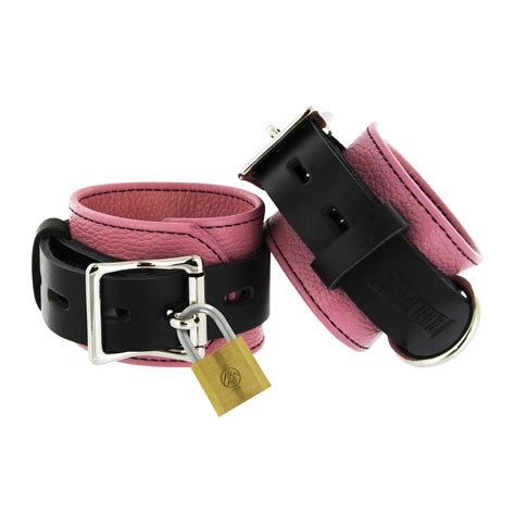 Strict Leather Pink And Black Deluxe Locking Wrist Cuffs Sex Toy Distributing