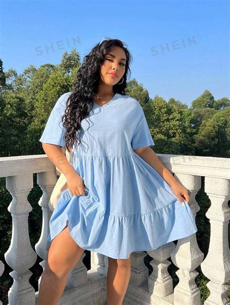 Shein Ezwear Plus Size Womens V Neck Loose Collared Ruffled Swing Dress Blue Summer For Sale