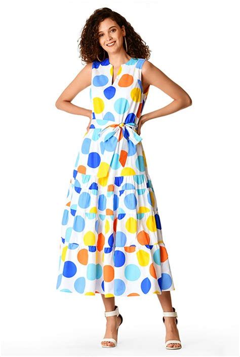 Shop Ruched Tier Polka Dot Print Cotton Poplin Maxi Dress Eshakti