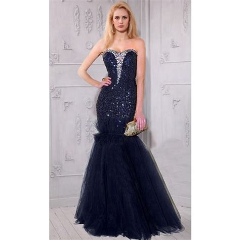 Mermaid Strapless Sweetheart Navy Tulle Sequin Beaded Prom Dress