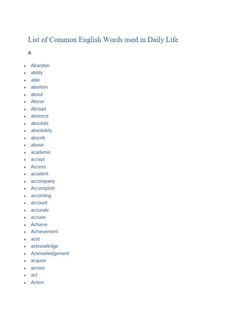 List Of Common English Words Used In Daily Life Pdf