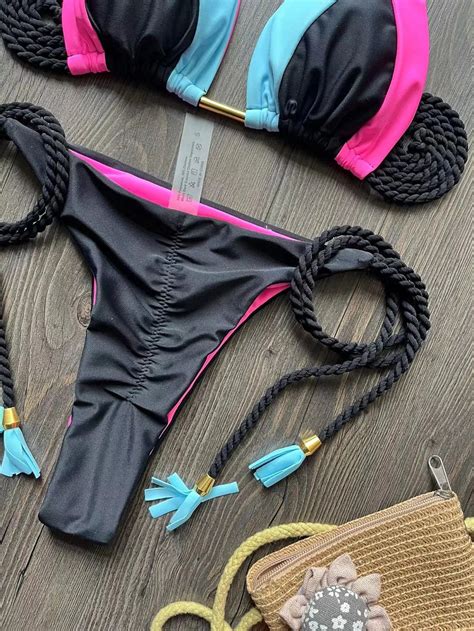 Colorblock Halter Bikini Set With Rope Details On Luulla