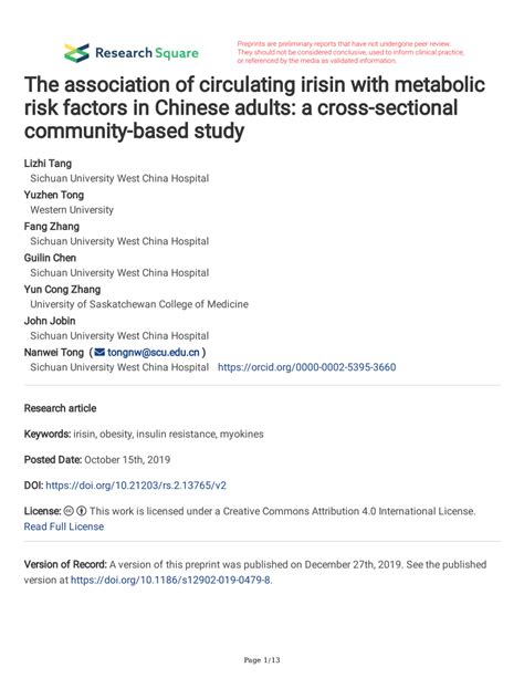 PDF The Association Of Circulating Irisin With Metabolic Risk Factors