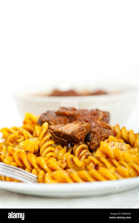 Fusilli Pasta Al Dente With Neapolitan Style Ragu Meat Sauce Very