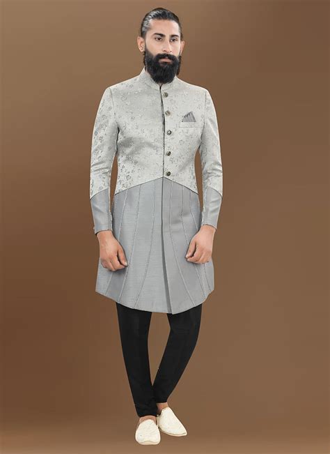 Shop Grey Jacquard Silk Indowestern Sherwani Wedding Wear Online At