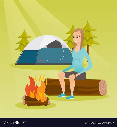 Woman Sitting On Log Near Campfire In Camping Vector Image