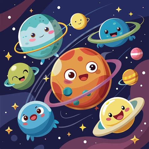 Una Ilustración De Dibujos Animados De Planetas Y Estrellas Vector Premium