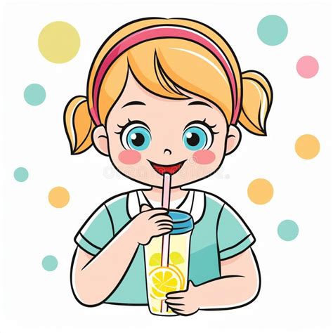 Refreshing Cartoon Girl Drinking Lemonade Stock Illustration