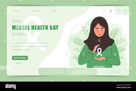 World mental health day. Landing page template. Happy islamic woman with ribbon. Annual ...