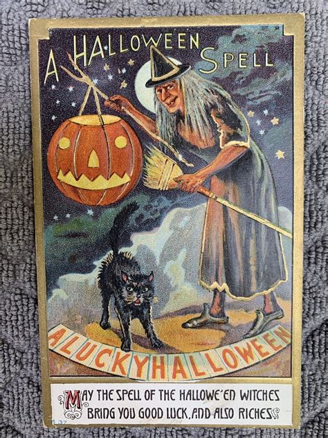 Vintage Halloween Postcard Witch Spell Jack O Lantern Black Cat Broom