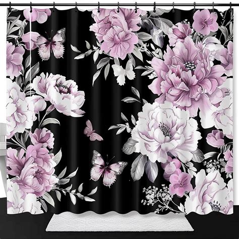 Chic Black And White Floral Shower Curtain Set With Pink Flowers And