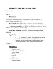 Ionic And Covalant Bonds Lab Report Copy Docx Lab Report Ionic And