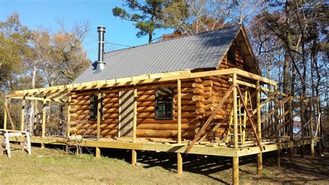 Off Grid Log Cabin Build 25f Porch Roof Beam