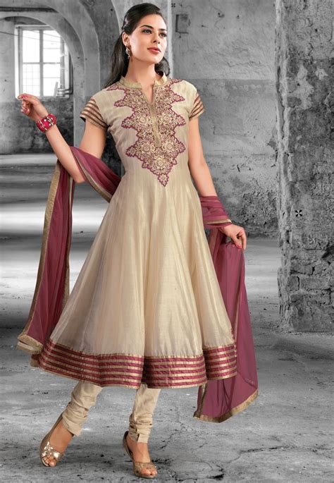 Beige Cotton Silk Readymade Anarkali Churidar Kameez