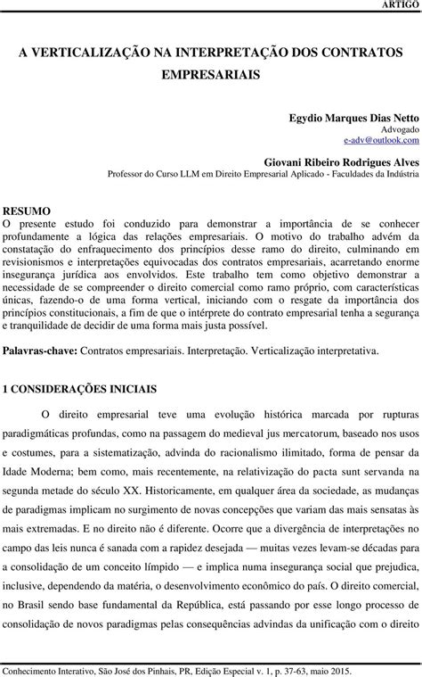 A VERTICALIZAÇÃO NA INTERPRETAÇÃO DOS CONTRATOS EMPRESARIAIS PDF Free