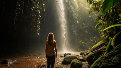 Une Jeune Femme Profite D Une Cascade Dans La Jungle Generative Ai