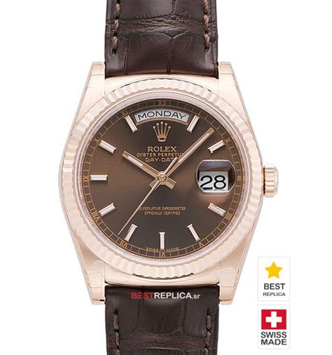 Rolex Day Date 18k Rose Gold Brown Dial Fluted Bezel Leather Strap