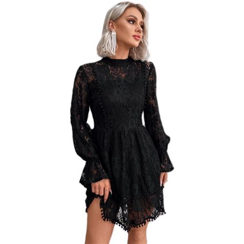 Eilly Bazar Women S Lace Dresses Knee Length With Mock Neck Flounce