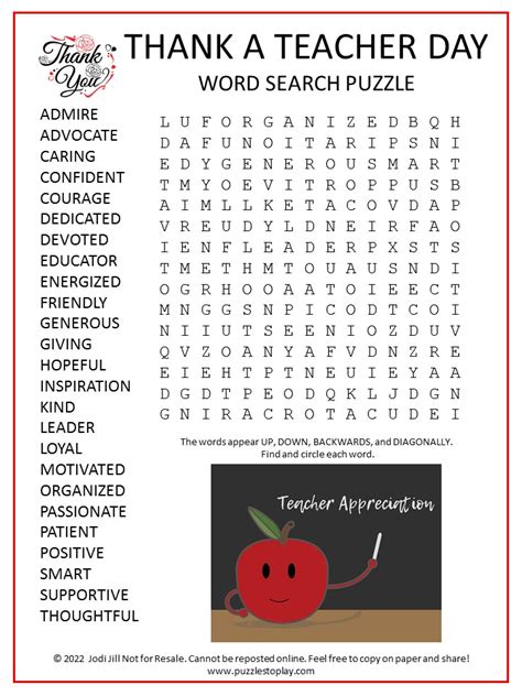 Thank A Teacher Word Search Puzzle Puzzles To Play