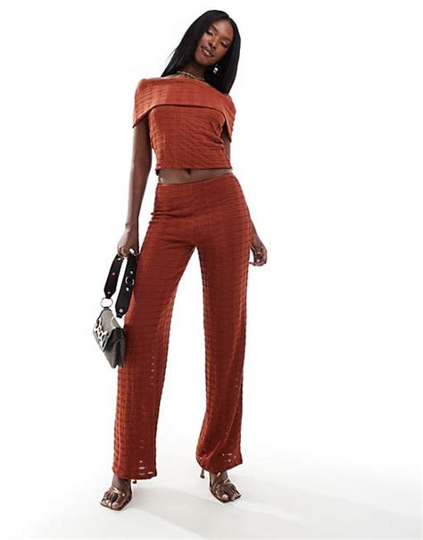 Asos Design Co Ord Wide Leg Jersey Crochet Trousers In Rust Asos