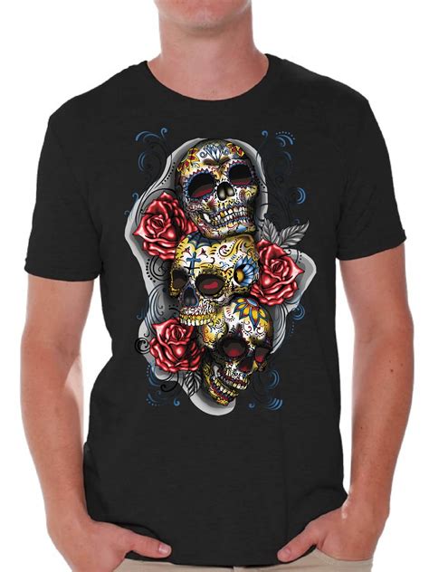 Awkward Styles Three Sugar Skull Tshirt For Men Skull Red Roses Shirt