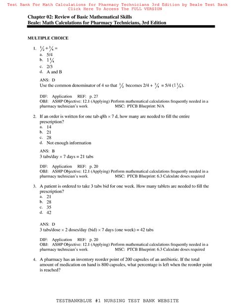 Test Bank For Math Calculations For Pharmacy Technicians 3rd Edition By