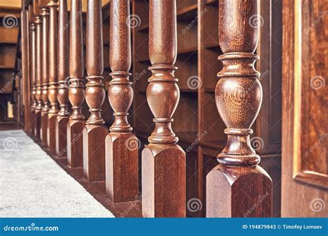 Wooden Balustrade of Classic Staircase in Modern House. Close-up Stock Image - Image of interior ...