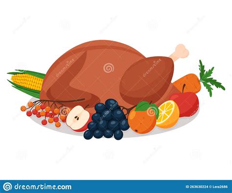 Roast Turkey Or Chicken On A Plate Decorated With Fruits And