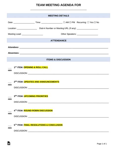 Free Team Meeting Agenda Template Pdf Word Eforms