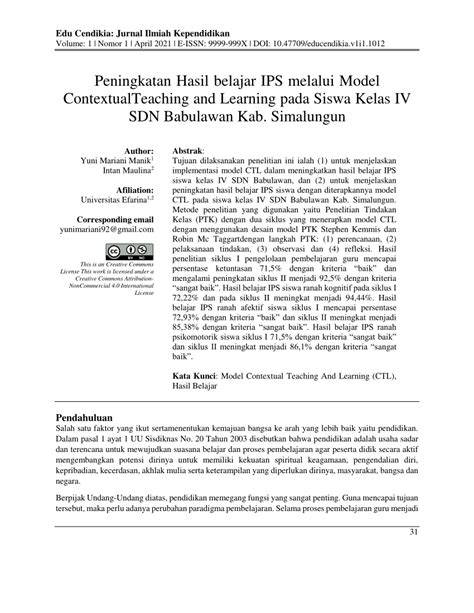 PDF Peningkatan Hasil Belajar IPS Melalui Model Contextual Teaching