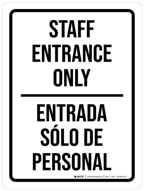 Staff Entrance Only Bilingual Spanish Portrait Wall Sign