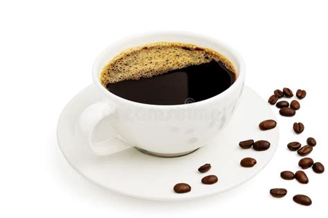 Black Coffee In A White Cup On Plate And Coffee Beans Top View Isolated