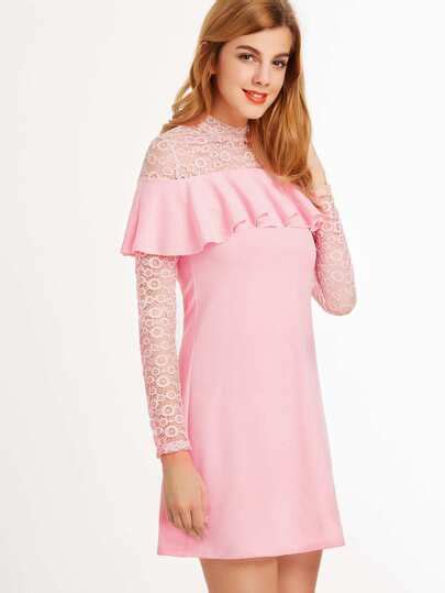 Lace Insert Yoke And Sleeve Flounce Dress Shein Sheinside