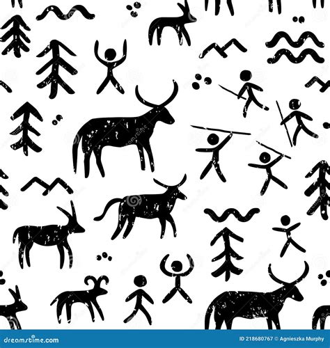 Cave Paintings Vector Seamless Pattern, Black and White Repetitive Background Inspired by ...