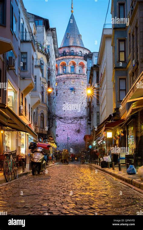 A Vertical Shot Of Galata Tower At Night In Istanbul Stock Photo Alamy