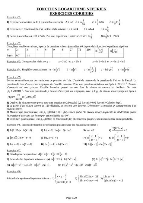 Pdf Fonction Logarithme Neperien Exercices Maths Simplifie Meabilis