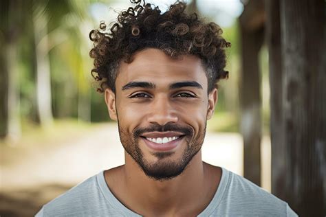 Portrait Of Smiling African American Man With Curly Hair In Park Mixed