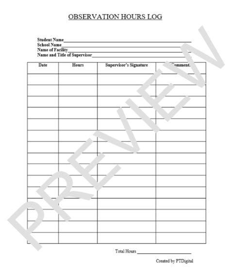 Physical Therapy Occupational Therapy Observation Hours Form Template