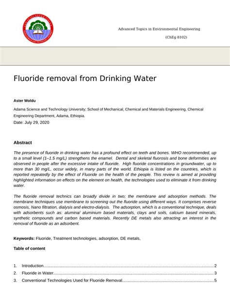 Pdf Fluoride Removal From Drinking Water