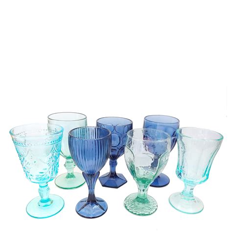 Mismatched Vintage Vintage Pacific Blue Sea Glass Goblets Collection For Rent From Delicate