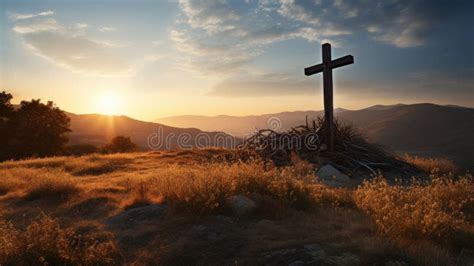 Holy Christian Religious Cross at Sunrise on Top of Hill Stock ...