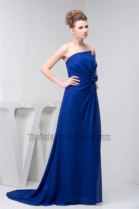 Dark Royal Blue Chiffon Strapless Prom Gown Evening Dress ...