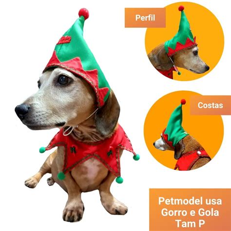 Fantasia Duende De Natal Pet Gorro E Gola Tam P Elo